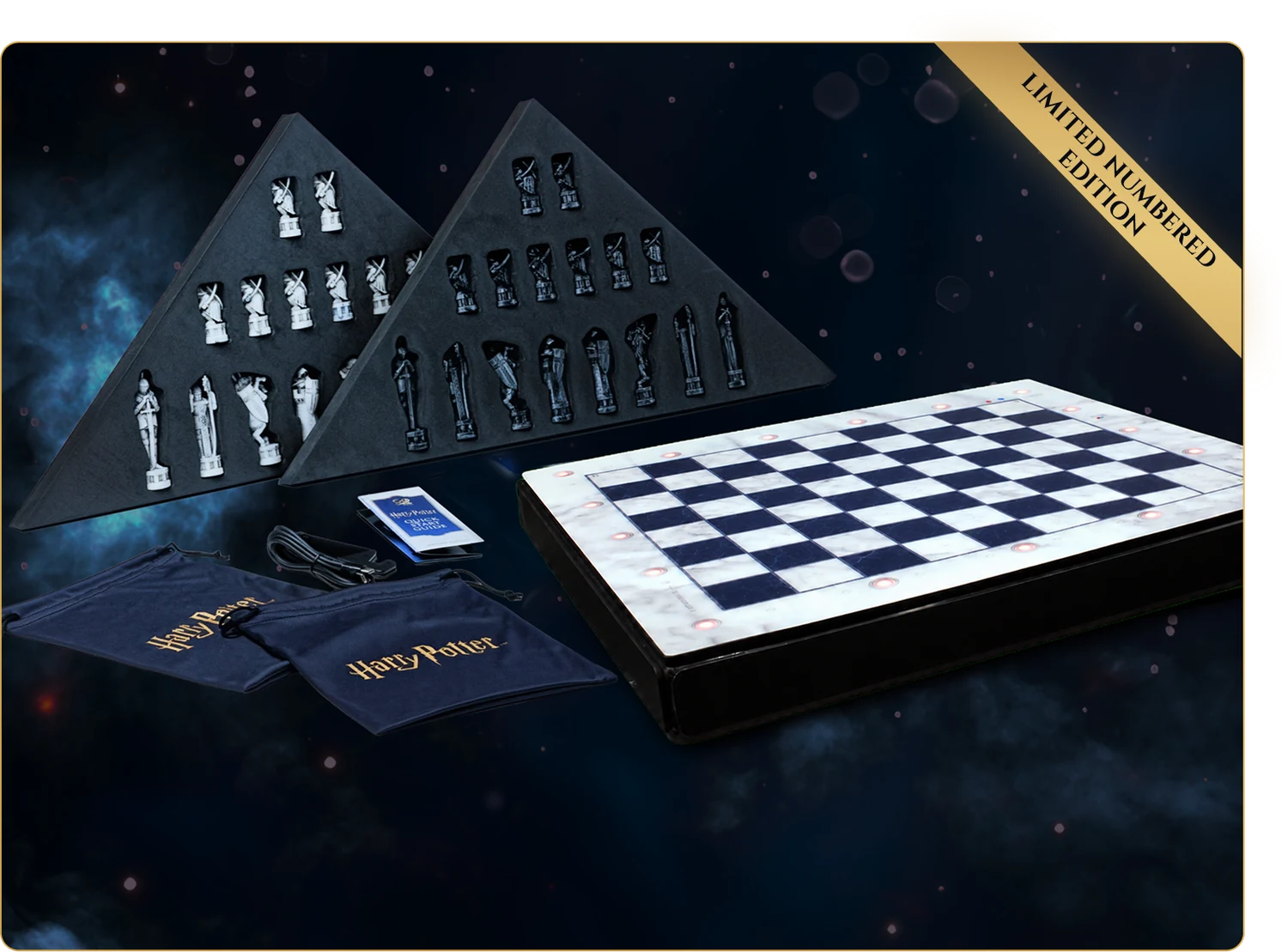 Limited numbered edition. The board, piece trays, pouches and charging cable that ship in the box.
