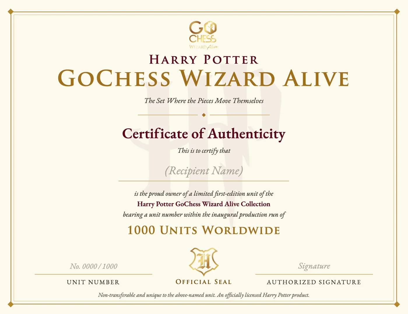 Numbered certificate of authenticity for the Harry Potter GoChess Wizard Alive collection